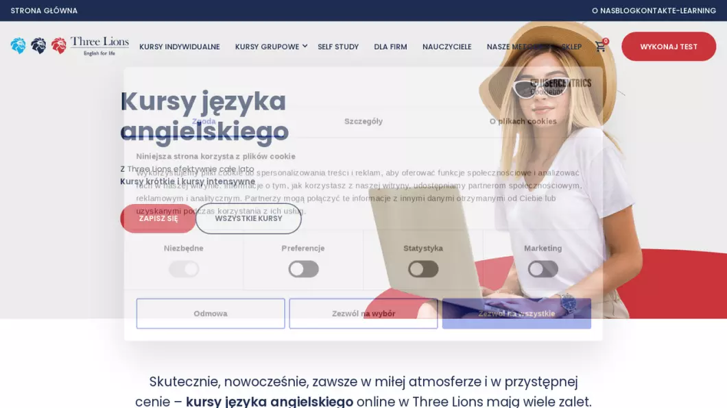 Zrzut ekranu strony Szkoła języka angielskiego - kursy języka angielskiego online i stacjonarnie | Three Lions