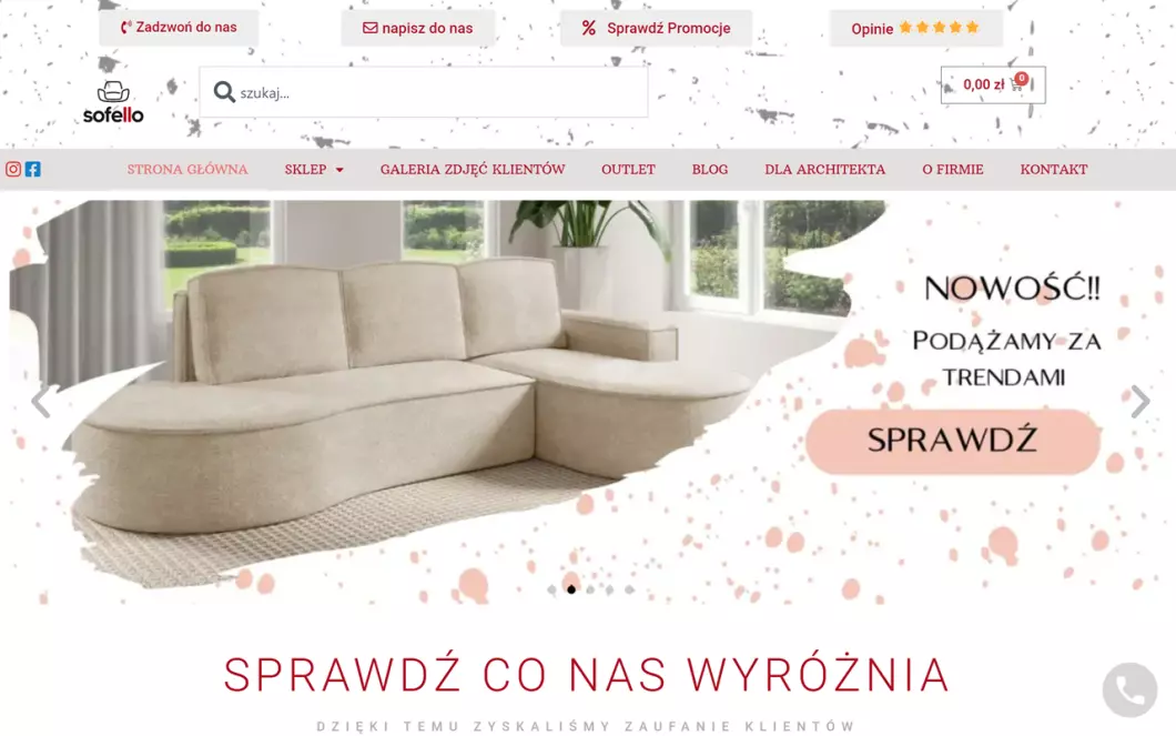 Zrzut ekranu strony Sklep meblowy Sofello